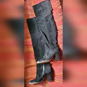 Topshop Bass Chain Black Suede Over the Knee Boots